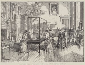 Exposición de los Regalos del Jubileo de la Reina en el Palacio de St James, la Cámara de Presencia de William Crimea Simpson